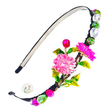 Load image into Gallery viewer, pink spring flowers embellished no-pinch headband, decorated with sparkly Austrian crystal beads, Spring Flowers Headband