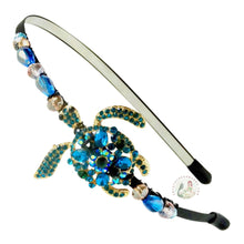 Load image into Gallery viewer, flexible headband embellished with teal crystal turtle, accented with Austrian crystal beads, Teal Crystal Turtle Headband