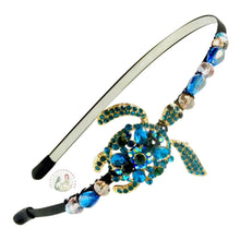 Load image into Gallery viewer, no-pinch headband embellished with teal crystal turtle, accented with sparkly crystal beads, Teal Crystal Turtle Headband