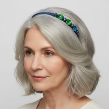 Load image into Gallery viewer, woman wearing flexible headband side-embellished with sparkly northern lights colored Austrian crystal beads, Aurora Borealis Crystal Headband