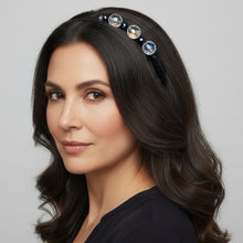 Load image into Gallery viewer, woman wearing no-pinch side-embellished headband with clear, round flat crystal and black crystal beads, Fancy Crystal Beads Headband