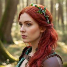Load image into Gallery viewer, woman wearing a flexible headband side-embellished with an enameled green dragon, decorated with crystal beads, Mythical Dragon Headband