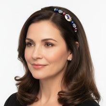 Load image into Gallery viewer, woman wearing flexible headband side-embellished with patriotic star, American flag centerpiece, accented with red, white, blue crystal beads, Patriotic Star Headband