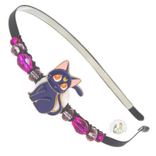 Load image into Gallery viewer, enameled navy cartoon cat side-embellished flexible headband accented with Czech crystal beads. Cartoon Cat Headband