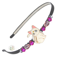 Load image into Gallery viewer, enameled white cartoon cat side-embellished flexible headband accented with Czech crystal beads. Cartoon Cat Headband
