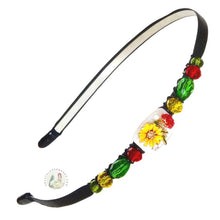 Load image into Gallery viewer, flexible headband embellished with colorful red and white yellow flowers, side-accented with Czech crystal beads, Colorful Flowers Headband