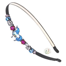 Load image into Gallery viewer, flexible headband side decorated with an enameled blue unicorn and Czech crystal beads, Enameled Unicorn Headband