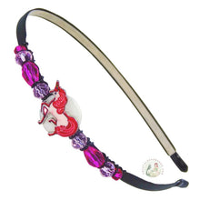 Load image into Gallery viewer, flexible headband side decorated with an enameled pink unicorn and Czech crystal beads, Enameled Unicorn Headband