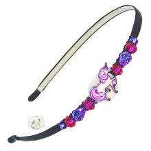 Load image into Gallery viewer, Purple enameled unicorn decorated flexible headband, side accented with fancy crystal beads. Enameled Unicorn Headband