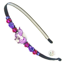 Load image into Gallery viewer, flexible headband side decorated with an enameled purple unicorn and Czech crystal beads, Enameled Unicorn Headband