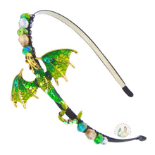 Load image into Gallery viewer, flexible headband embellished with an enameled forest dragon, decorated with crystal beads, Renaissance Dragon Headband