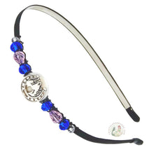 Load image into Gallery viewer, horse and horseshoe embellished flexible headband, accented with blue Czech crystal beads, Horse and Horseshoe Embellished Headband