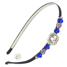 Load image into Gallery viewer, horse and horseshoe embellished flexible headband, side-accented with blue sparkly crystal beads, Horse and Horseshoe Embellished Headband