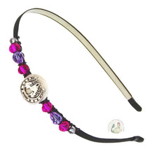 Load image into Gallery viewer, horse and horseshoe embellished flexible headband, accented with pink Czech crystal beads, Horse and Horseshoe Embellished Headband