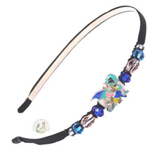 Load image into Gallery viewer, flexible headband embellished with a little blue enameled dragon centerpiece, side-accented with Czech crystal beads, Little Dragon Headband