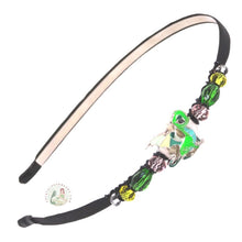 Load image into Gallery viewer, flexible headband embellished with a little green enameled dragon centerpiece, side-accented with Czech crystal beads, Little Dragon Headband