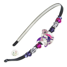 Load image into Gallery viewer, flexible headband embellished with a little purple enameled dragon centerpiece, side-accented with Czech crystal beads, Little Dragon Headband