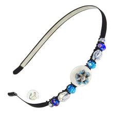 Load image into Gallery viewer, flexible headband embellished with a enameled blue lotus flower, side accented with sparkly Austrian crystal beads, Lotus Flower Headband