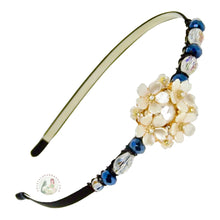 Load image into Gallery viewer, no-pinch headband embellished with white faux pearl flowers, decorated with sparkly black and white crystal beads, Bouquet of Pearls Headband