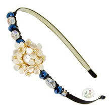 Load image into Gallery viewer, flexible headband embellished with white faux pearl flowers, decorated with sparkly black and white Austrian crystal beads, Bouquet of Pearls Headband