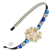 Load image into Gallery viewer, no-pinch headband embellished with white faux pearl flowers, decorated with sparkly aqua, blue and white crystal beads, Bouquet of Pearls Headband