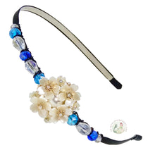Load image into Gallery viewer, flexible headband embellished with white faux pearl flowers, decorated with sparkly aqua, blue and white Austrian crystal beads, Bouquet of Pearls Headband