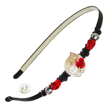 Load image into Gallery viewer, flexible headband embellished with a red rose and pearl centerpiece and accented with fancy crystal beads, Rose with Pearl Headband