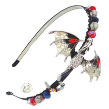 Load image into Gallery viewer, flexible headband embellished with an enameled storm dragon, decorated with crystal beads, Renaissance Dragon Headband
