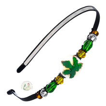 Load image into Gallery viewer, flexible summer headband embellished with a green maple leaf, accented with crystal beads, Maple Leaf Headband