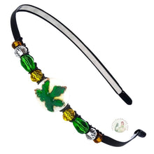 Load image into Gallery viewer, flexible summer headband embellished with a green maple leaf, accented with pretty Czech crystal beads, Maple Leaf Headband