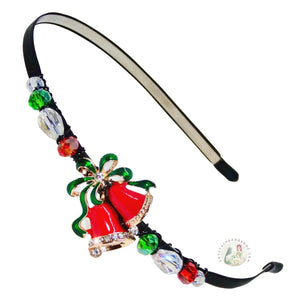 enameled red bells with green bow embellished flexible headband, accented with sparkly crystal beads, Headband 