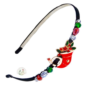 hand-enameled red Christmas bugle embellished flexible headband, accented with sparkly crystal beads, Christmas Bugle Headband