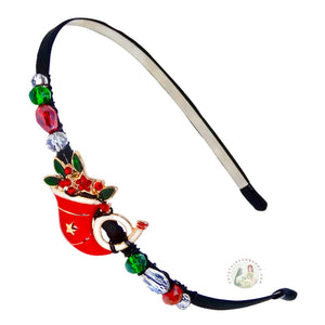 hand-enameled red Christmas bugle embellished flexible headband, bedazzled with sparkly Austrian crystal beads, Christmas Bugle Headband