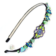 Load image into Gallery viewer, cloisonné style enameled beads and light green colored sparkly Austrian crystal beads embellished flexible headband

