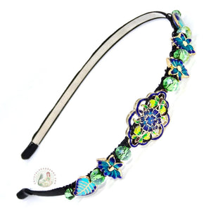 cloisonné style enameled beads and light green colored sparkly Austrian crystal beads embellished flexible headband