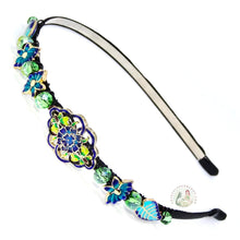 Load image into Gallery viewer, cloisonné style enameled beads and light green colored sparkly crystal beads embellished flexible headband
