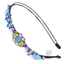 Load image into Gallery viewer, cloisonné style enameled beads and lilac colored sparkly crystal beads embellished flexible headband
