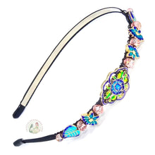 Load image into Gallery viewer, cloisonné style enameled beads and peach colored sparkly Austrian crystal beads embellished flexible headband
