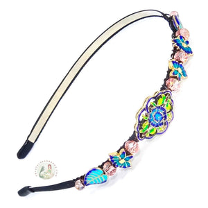 cloisonné style enameled beads and peach colored sparkly Austrian crystal beads embellished flexible headband