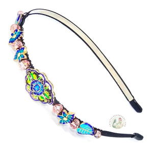 cloisonné style enameled beads and peach colored sparkly crystal beads embellished flexible headband