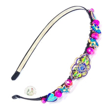 Load image into Gallery viewer, cloisonné style enameled beads and dark pink colored sparkly Austrian crystal beads embellished flexible headband
