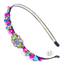 Load image into Gallery viewer, cloisonné style enameled beads and dark pink colored sparkly crystal beads embellished flexible headband
