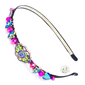 cloisonné style enameled beads and dark pink colored sparkly crystal beads embellished flexible headband