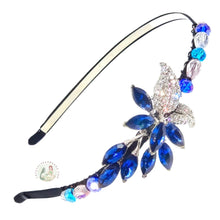 Load image into Gallery viewer, flexible headband embellished with white and blue crystal cluster centerpiece and Austrian crystal beads, Crystal Cluster Headband
