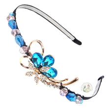Load image into Gallery viewer, flexible headband embellished with aqua crystal flower centerpiece, accented with sparkly crystal beads, Crystal Flower Headband 
