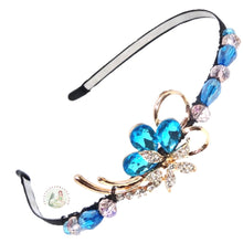 Load image into Gallery viewer, flexible headband embellished with aqua crystal flower centerpiece, accented with sparkly Austrian crystal beads, Crystal Flower Headband
