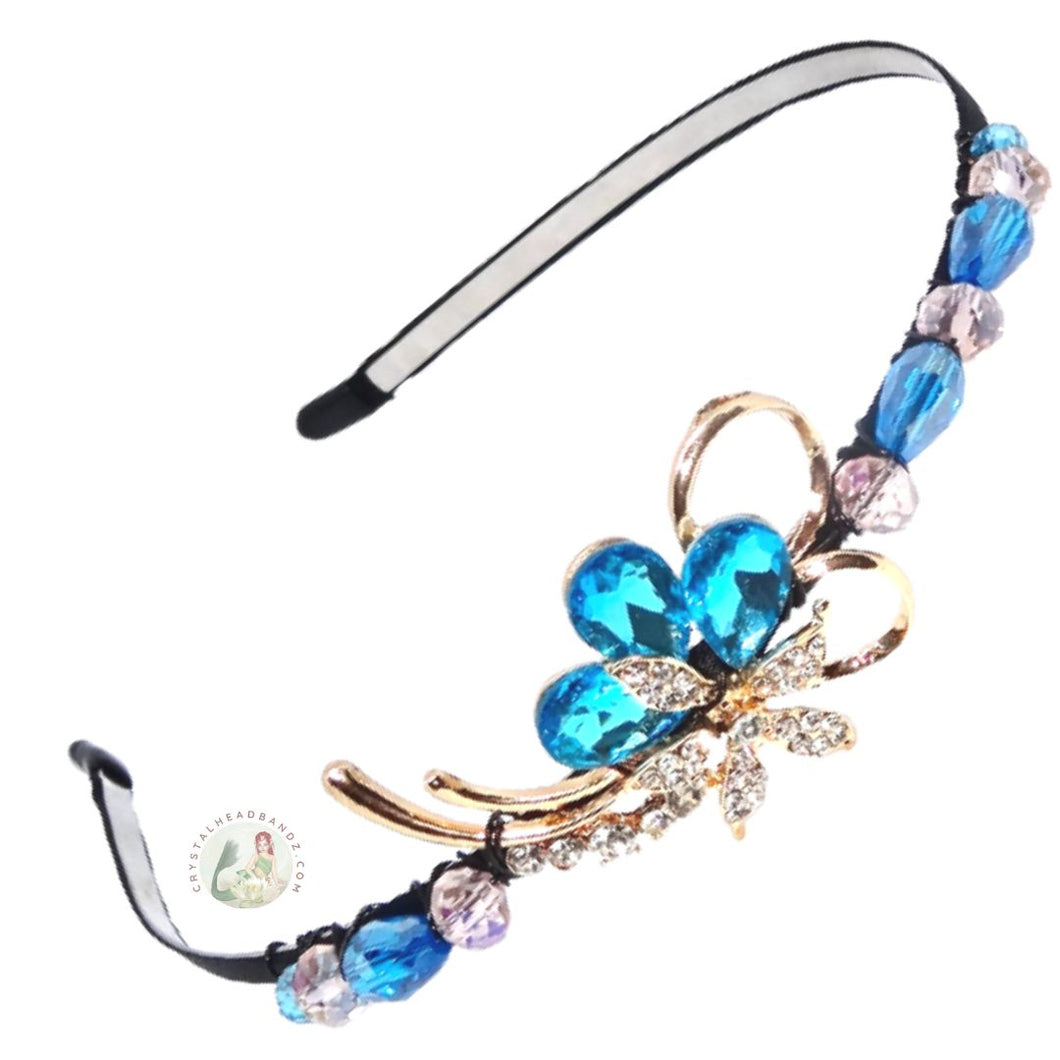 flexible headband embellished with aqua crystal flower centerpiece, accented with sparkly Austrian crystal beads, Crystal Flower Headband