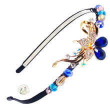 Load image into Gallery viewer, flexible headband embellished with dark blue crystal flower centerpiece, accented with sparkly crystal beads, Crystal Flower Headband
