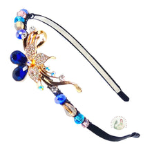 Load image into Gallery viewer, flexible headband embellished with dark blue crystal flower centerpiece, accented with sparkly Austrian crystal beads, Crystal Flower Headband
