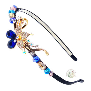 flexible headband embellished with dark blue crystal flower centerpiece, accented with sparkly Austrian crystal beads, Crystal Flower Headband